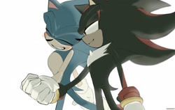 Size: 2048x1297 | Tagged: safe, artist:m3ri2310, shadow the hedgehog, sonic the hedgehog, 2023, blushing, duo, eyes closed, gay, lidded eyes, looking at them, mouth open, shadow x sonic, shipping, signature, simple background, smile, walking, white background