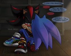 Size: 2048x1616 | Tagged: safe, artist:ailimauve_so, shadow the hedgehog, sonic the hedgehog, ..., 2023, abstract background, alternate shoes, alternate universe, blushing, dialogue, duo, english text, gay, holding each other, indoors, lidded eyes, shadow x sonic, shipping, sitting