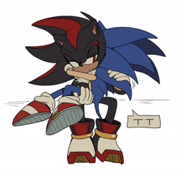 Size: 2048x1994 | Tagged: safe, artist:roastedgarlics2, shadow the hedgehog, sonic the hedgehog, 2023, duo, gay, holding them, lidded eyes, looking at them, shadow x sonic, shipping, simple background, sitting, speech bubble, t.t, white background