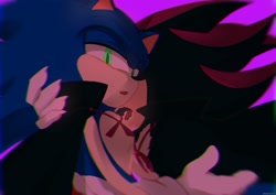 Size: 2048x1452 | Tagged: safe, artist:m3ri2310, shadow the hedgehog, sonic the hedgehog, 2023, cape, claws, duo, gay, halloween, halloween outfit, holding each other, imminent biting, lidded eyes, looking at viewer, mouth open, purple background, shadow x sonic, shipping, simple background, standing, vampire