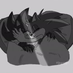Size: 2048x2048 | Tagged: safe, artist:hownixesn, shadow the hedgehog, 2023, cute, duo, eyes closed, gay, grey background, greyscale, light, monochrome, mouth open, shadow x sonic, shadowbetes, shipping, signature, simple background, sleeping, snuggling, sonabetes