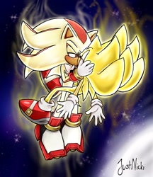 Size: 1772x2048 | Tagged: safe, artist:just_nicki_, shadow the hedgehog, sonic the hedgehog, super shadow, super sonic, sonic adventure 2, 2023, abstract background, alternate ending, blushing, duo, gay, holding them, kiss, lidded eyes, looking at each other, shadow x sonic, shipping, signature, space, star (sky), super form
