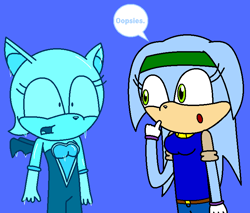 Size: 754x641 | Tagged: safe, artist:ponypaigelove, rouge the bat, oc, oc:crystal the ice echidna, bat, echidna, belt, blue background, dialogue, duo, female, frozen, gloves, headband, ice, pants, shirt, shocked, speech bubble, story in description, text