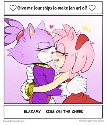 Size: 927x1082 | Tagged: safe, artist:emii-c269, amy rose, blaze the cat, cat, hedgehog, 2022, amy x blaze, amy's halterneck dress, blaze's tailcoat, cute, eyes closed, female, females only, heart, hugging, kiss on cheek, lesbian, mouth open, shipping