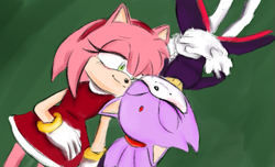 Size: 617x376 | Tagged: safe, artist:obstagoodra, amy rose, blaze the cat, cat, hedgehog, 2022, amy x blaze, amy's halterneck dress, blaze's tailcoat, cute, eyes closed, female, females only, lesbian, relaxing, shipping