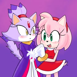 Size: 1080x1081 | Tagged: safe, artist:white_vooid, amy rose, blaze the cat, cat, hedgehog, 2022, amy x blaze, amy's halterneck dress, blaze's tailcoat, blushing, cute, female, females only, holding hands, lesbian, mouth open, shipping