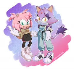Size: 2000x1864 | Tagged: safe, artist:flowerqliphoth, amy rose, blaze the cat, cat, hedgehog, 2021, amy x blaze, cute, female, females only, holding hands, lesbian, looking at viewer, shipping