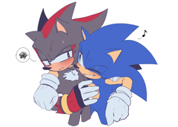 Size: 1990x1416 | Tagged: safe, artist:anhvo3511, shadow the hedgehog, sonic the hedgehog, alternate universe, au:darkleading, bandaid, blushing, duo, frown, gay, looking at each other, musical note, shadow x sonic, shipping, simple background, smile, standing, white background, wink