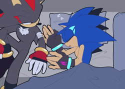 Size: 1990x1416 | Tagged: safe, artist:anhvo3511, shadow the hedgehog, sonic the hedgehog, abstract background, alternate universe, au:darkleading, bed, duo, eyes closed, fingerless gloves, gay, lidded eyes, looking at them, lying on side, pillow, shadow x sonic, shipping, sitting, sleeping, zzz