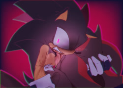 Size: 1990x1416 | Tagged: semi-grimdark, artist:anhvo3511, shadow the hedgehog, sonic the hedgehog, alternate universe, angry, au:darkleading, bleeding, bleeding from mouth, blood, blood stain, clenched teeth, floppy ear, gay, glowing eyes, gradient background, holding them, injured, shadow x sonic, shipping, shrunken pupils, signature