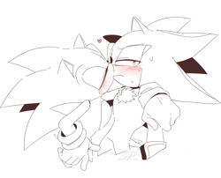 Size: 2048x1654 | Tagged: safe, artist:anhvo3511, shadow the hedgehog, sonic the hedgehog, alternate universe, arm around shoulders, au:darkleading, blushing, duo, embarrassed, eyes closed, gay, heart, kiss, lidded eyes, line art, looking away, shadow x sonic, shipping, simple background, standing, sweatdrop, white background
