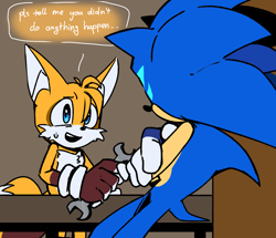 Size: 2048x1762 | Tagged: safe, artist:anhvo3511, miles "tails" prower, sonic the hedgehog, alternate universe, arms folded, au:darkleading, dialogue, duo, english text, flat colors, grammatical error, holding something, leaning, looking at each other, speech bubble, standing, sweatdrop, wrench