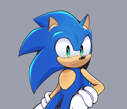 Size: 2048x1762 | Tagged: safe, artist:anhvo3511, sonic the hedgehog, alternate universe, au:darkleading, frown, grey background, looking at viewer, simple background, solo, standing