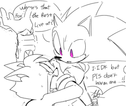 Size: 2048x1726 | Tagged: safe, artist:anhvo3511, miles "tails" prower, sonic the hedgehog, alternate universe, au:darkleading, crying, dialogue, duo, english text, grabbing, grammatical error, line art, looking at each other, mouth open, pink eyes, scared, signature, simple background, tears, tears of fear, white background