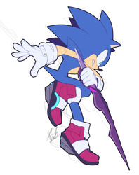 Size: 1618x2048 | Tagged: safe, artist:anhvo3511, sonic the hedgehog, alternate universe, au:darkleading, clenched teeth, holding something, looking offscreen, mid-air, signature, simple background, solo, sword, white background
