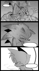 Size: 1127x2048 | Tagged: safe, artist:anhvo3511, miles "tails" prower, sonic the hedgehog, alternate universe, au:darkleading, bleeding, bleeding from mouth, blood, clenched teeth, comic, duo, floppy ears, greyscale, injured, lidded eyes, scared, sweatdrop