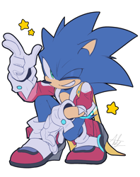 Size: 1618x2048 | Tagged: safe, artist:anhvo3511, sonic the hedgehog, alternate universe, au:darkleading, jacket, looking at viewer, signature, simple background, smile, solo, star (symbol), white background, wink