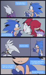 Size: 1256x2048 | Tagged: safe, artist:anhvo3511, knuckles the echidna, rouge the bat, silver the hedgehog, sonic the hedgehog, alternate universe, au:darkleading, comic, dialogue, english text, gradient background, grammatical error, group, sad, sweatdrop