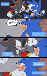 Size: 1256x2048 | Tagged: safe, artist:anhvo3511, shadow the hedgehog, sonic the hedgehog, alternate universe, au:darkleading, bandage, bleeding, bleeding from mouth, blood, brick wall, clenched teeth, comic, cross popping vein, dialogue, duo, english text, fight, injured, lidded eyes, looking at each other, mouth open, scratch (injury), sweatdrop