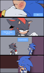 Size: 1256x2048 | Tagged: safe, artist:anhvo3511, shadow the hedgehog, sonic the hedgehog, against wall, alternate universe, au:darkleading, bleeding, bleeding from mouth, blood, comic, dialogue, duo, english text, frown, holding another's neck, injured, lidded eyes, sad, scratch (injury), sweatdrop