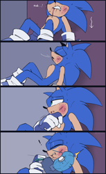 Size: 1256x2048 | Tagged: safe, artist:anhvo3511, sonic the hedgehog, against wall, alternate universe, au:darkleading, bleeding, bleeding from mouth, blood, blood stain, bruise, comic, exclamation mark, groaning, ice pack, injured, nosebleed, pain, scratch (injury), sitting, solo, sweatdrop