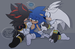 Size: 2048x1352 | Tagged: safe, artist:anhvo3511, shadow the hedgehog, silver the hedgehog, sonic the hedgehog, alternate universe, au:darkleading, blushing, comforting, crying, dialogue, english text, floppy ears, frown, lidded eyes, looking at them, sad, sfx, sitting, speech bubble, sweat, tears, tears of sadness, trio