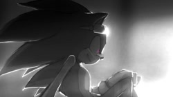 Size: 736x414 | Tagged: safe, artist:einnharder, sonic the hedgehog, abstract background, alternate universe, au:fall into the void, greyscale, looking offscreen, monochrome, pink eyes, smile, solo, sonic riders