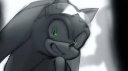 Size: 736x408 | Tagged: safe, artist:einnharder, sonic the hedgehog, abstract background, alternate universe, au:fall into the void, creepy smile, greyscale, looking back, smile, solo, sonic riders