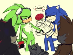 Size: 735x560 | Tagged: safe, artist:einnharder, jet the hawk, miles "tails" prower, shadow the hedgehog, sonic the hedgehog, awkward, dialogue, english text, flower, frown, gay, group, heart, holding something, lidded eyes, shipping, simple background, smile, sonjet, speech bubble, standing, sweatdrop