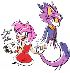 Size: 1455x1524 | Tagged: safe, artist:protosaru, amy rose, blaze the cat, cat, hedgehog, 2021, amy x blaze, amy's halterneck dress, blaze's tailcoat, english text, female, females only, fingerless gloves, holding hands, lesbian, looking at viewer, shipping