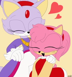 Size: 1923x2048 | Tagged: safe, artist:party_beef, amy rose, blaze the cat, cat, hedgehog, 2021, amy x blaze, amy's halterneck dress, blaze's tailcoat, cute, eyes closed, female, females only, hand on shoulder, hearts, lesbian, mouth open, shipping