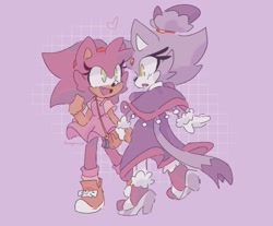 Size: 2048x1699 | Tagged: safe, artist:buunyuwu, amy rose, blaze the cat, cat, hedgehog, 2021, amy x blaze, cute, female, females only, heart, holding hands, lesbian, looking at each other, mouth open, shipping
