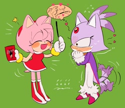 Size: 1455x1254 | Tagged: safe, artist:pam3le, amy rose, blaze the cat, cat, hedgehog, 2021, amy x blaze, amy's halterneck dress, blaze's tailcoat, blushing, cute, eyes closed, female, females only, hearts, lesbian, mouth open, pocky (food), shipping, star (symbol)
