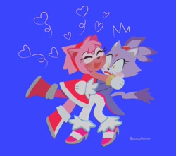 Size: 2048x1812 | Tagged: safe, artist:poppliomo, amy rose, blaze the cat, cat, hedgehog, 2021, amy x blaze, amy's halterneck dress, blaze's tailcoat, cute, eyes closed, female, females only, hearts, hugging, lesbian, mouth open, shipping