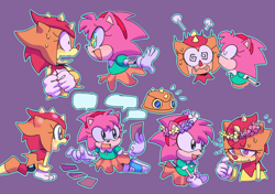 Size: 2700x1900 | Tagged: safe, artist:kayllacat, amy rose, trip the sungazer, 2023, card, classic amy, duo, flower crown, kiss on cheek, lesbian, mouth open, outline, purple background, shipping, simple background, smile, speech bubble, sweatdrop, tripamy
