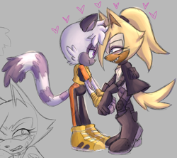 Size: 3293x2926 | Tagged: safe, artist:gendeer_fluid, tangle the lemur, whisper the wolf, 2020, duo, grey background, heart, holding hands, lesbian, lidded eyes, looking at each other, shipping, simple background, smile, standing, tangle x whisper