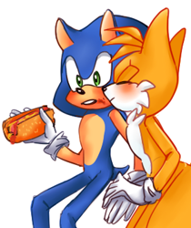 Size: 295x351 | Tagged: safe, artist:hinoaki, miles "tails" prower, sonic the hedgehog, 2015, blushing, chili dog, clenched teeth, duo, gay, holding something, kiss on cheek, sauce, shipping, simple background, sitting, smile, sonic x tails, standing, white background