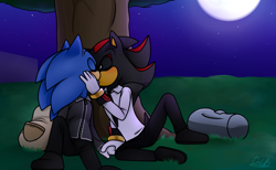 Size: 1155x712 | Tagged: safe, artist:gottagoblast, shadow the hedgehog, sonic the hedgehog, 2020, abstract background, blushing, commission, duo, eyes closed, gay, holding each other, kiss, moon, nighttime, outdoors, shadow x sonic, shipping, sitting, speedpaint in description, star (sky), tree, under a tree