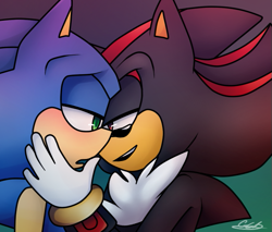 Size: 647x550 | Tagged: safe, artist:gottagoblast, shadow the hedgehog, sonic the hedgehog, 2019, duo, gay, gradient background, holding them, lidded eyes, looking at each other, mouth open, shadow x sonic, shipping, signature, speedpaint in description