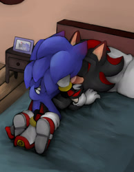 Size: 1280x1646 | Tagged: safe, artist:shadalethehedgehog, shadow the hedgehog, sonic the hedgehog, 2015, all fours, bed, blushing ears, commission, drawers, duo, eyes closed, gay, holding each other, indoors, kiss, lying down, picture frame, pillow, shadow x sonic, shipping