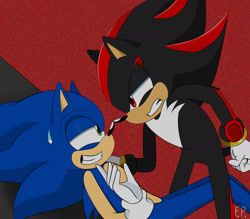 Size: 1735x1521 | Tagged: safe, artist:fennecp, shadow the hedgehog, sonic the hedgehog, 2023, against wall, clenched teeth, draw it in your style challenge, duo, gay, lidded eyes, looking at each other, pinning them, shadow x sonic, shipping, signature, static, sweatdrop