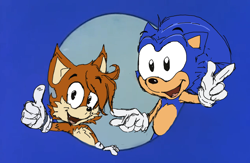 Size: 1000x651 | Tagged: safe, artist:sakruafairytail, miles "tails" prower, sonic the hedgehog, adventures of sonic the hedgehog, 2023, duo, eyebrow clipping through hair, looking at viewer, mouth open, pointing, redraw, sketch, smile, thumbs up