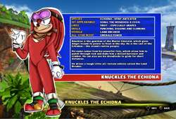 Size: 2476x1688 | Tagged: safe, artist:sakruafairytail, knuckles the echidna, 2022, abstract background, bandana, character name, english text, goggles, goggles on head, looking offscreen, outline, reference sheet, smile, solo, sonic boom (tv), standing