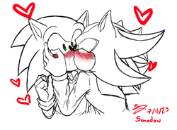 Size: 1078x797 | Tagged: safe, artist:seanjuvera, shadow the hedgehog, sonic the hedgehog, 2023, blushing, duo, eyes closed, gay, hands on another's face, heart, jacket, kiss, line art, looking at them, shadow x sonic, shipping, signature, simple background, white background