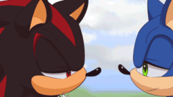 Size: 720x405 | Tagged: safe, artist:myly14, shadow the hedgehog, sonic the hedgehog, 2015, abstract background, animated, blushing, clouds, daytime, dialogue, duo, english text, eyes closed, gay, holding each other, kiss, outdoors, shadow x sonic, shipping, tree