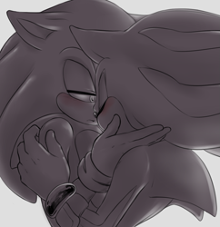 Size: 991x1023 | Tagged: safe, artist:un-genesis, shadow the hedgehog, sonic the hedgehog, 2014, blushing, duo, eyes closed, gay, greyscale, holding them, looking at them, mouth open, shadow x sonic, shipping, simple background, standing, white background
