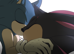 Size: 1700x1260 | Tagged: safe, artist:un-genesis, shadow the hedgehog, sonic the hedgehog, 2015, duo, eyes closed, gay, holding each other, shadow x sonic, shipping, simple background, white background