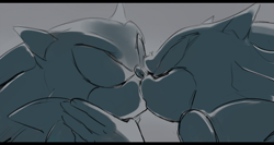 Size: 550x292 | Tagged: safe, artist:un-genesis, shadow the hedgehog, sonic the hedgehog, 2019, duo, eyes closed, gay, grey background, kiss, shadow x sonic, shipping, simple background