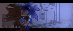 Size: 1280x552 | Tagged: safe, artist:skull-keeta-art, shadow the hedgehog, sonic the hedgehog, 2023, abstract background, border, gay, hugging, shadow x sonic, shipping, signature, tears, wide eyes