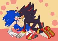 Size: 920x650 | Tagged: safe, artist:nyku7, shadow the hedgehog, sonic the hedgehog, 2018, abstract background, all fours, blushing, blushing ears, duo, gay, heart, lidded eyes, looking at each other, mouth open, shadow x sonic, shipping, sitting